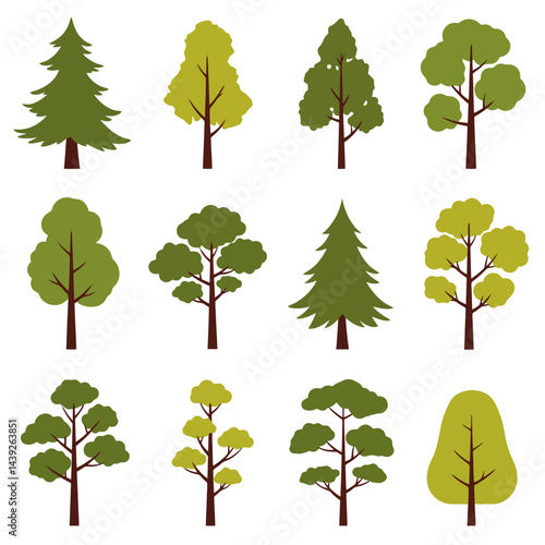 Collection of minimalistic tree icons representing various seasons with vibrant colors and unique shapes, perfect for design projects focusing on nature, landscaping, or environmental topics.

