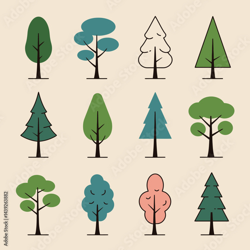 Collection of minimalistic tree icons representing various seasons with vibrant colors and unique shapes, perfect for design projects focusing on nature, landscaping, or environmental topics.


