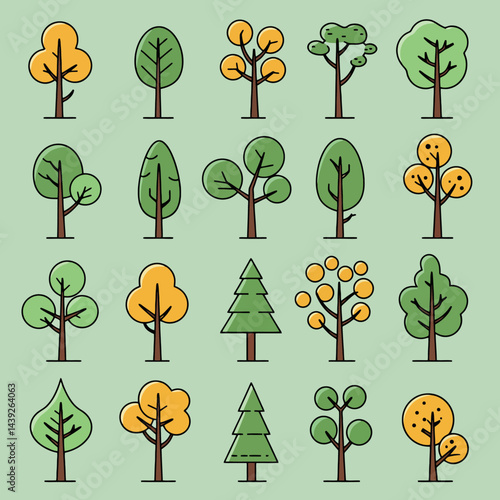 Collection of minimalistic tree icons representing various seasons with vibrant colors and unique shapes, perfect for design projects focusing on nature, landscaping, or environmental topics.

