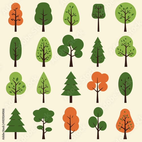 Collection of minimalistic tree icons representing various seasons with vibrant colors and unique shapes, perfect for design projects focusing on nature, landscaping, or environmental topics.

