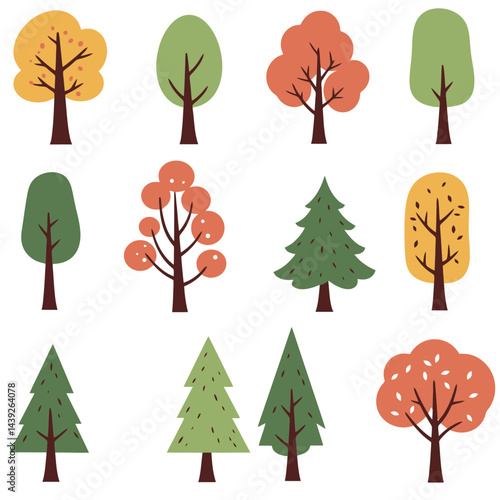 Collection of minimalistic tree icons representing various seasons with vibrant colors and unique shapes, perfect for design projects focusing on nature, landscaping, or environmental topics.

