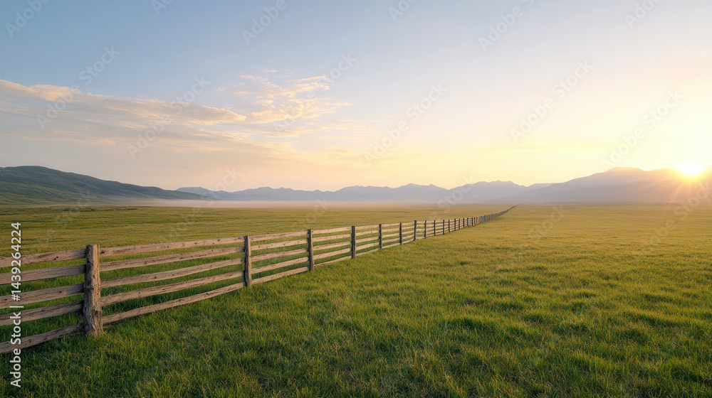 Wooden fence line stretches across vast green field clear sky, evoking sense of tranquility Wooden fence line stretches across vast green field clear sky, evoking sense of tranquility