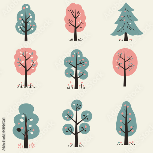 Collection of minimalistic tree icons representing various seasons with vibrant colors and unique shapes, perfect for design projects focusing on nature, landscaping, or environmental topics.

