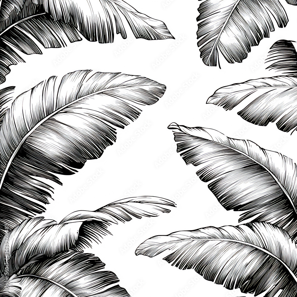 Fototapeta premium textured ink drawing of stylized tropical leaves (banana, palm)