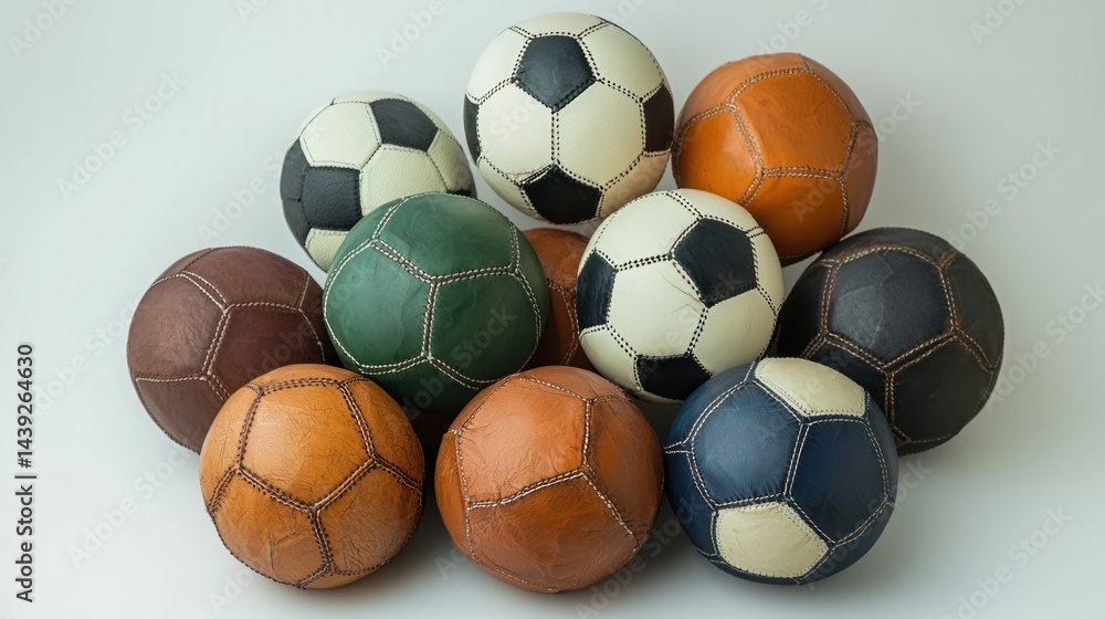 Group of soccer balls with stitched leather texture on white surface. Group of soccer balls with stitched leather texture on white surface.
