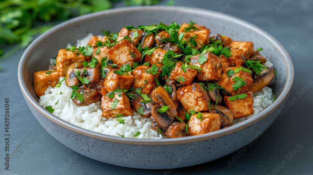 Delicious vegetarian dish featuring tofu, mushrooms, and rice, garnished with fresh herbs Delicious vegetarian dish featuring tofu, mushrooms, and rice, garnished with fresh herbs