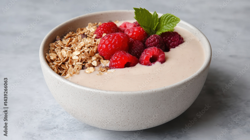 Delicious smoothie bowl featuring creamy yogurt, topped with fresh raspberries and granola Delicious smoothie bowl featuring creamy yogurt, topped with fresh raspberries and granola