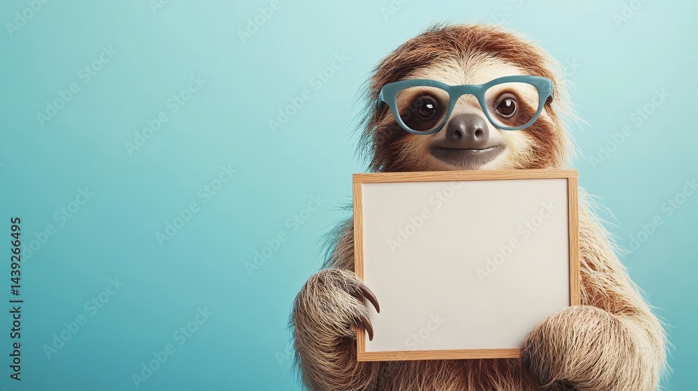 A Sloth Wearing Glasses Holding A Blank Sign Posing As A Template On A Solid Blue Background Is Isolated A Sloth Wearing Glasses Holding A Blank Sign Posing As A Template On A Solid Blue Background Is Isolated