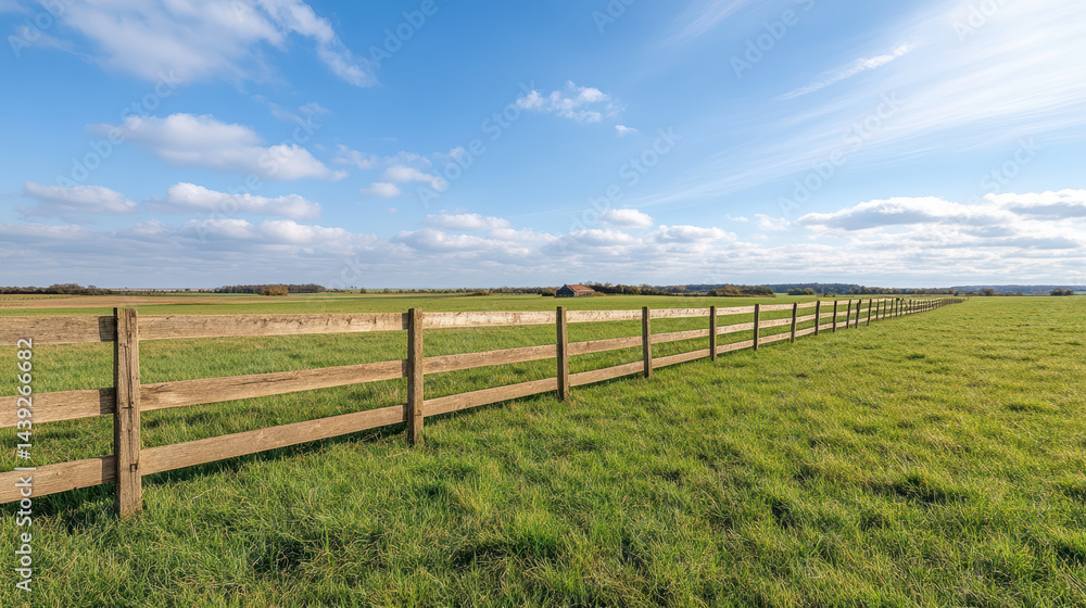 Lush green fields with wooden fence under bright blue sky create serene landscape Lush green fields with wooden fence under bright blue sky create serene landscape