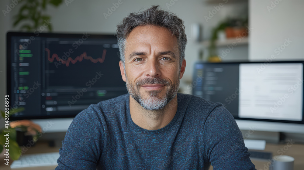 Professional man modern workspace, smiling confidently with computer screens displaying data Professional man modern workspace, smiling confidently with computer screens displaying data
