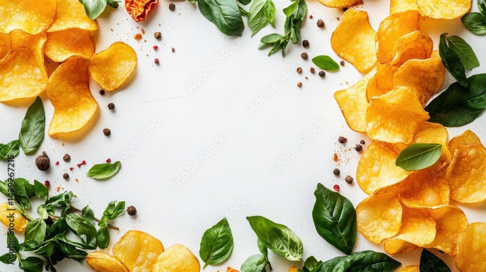 Golden potato chips are arranged with basil and spices on white surface. Perfect for showcasing snack food products, recipes, and creative designs.