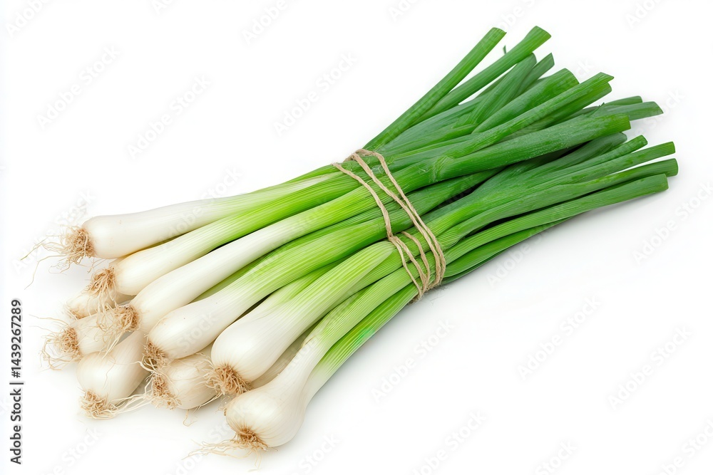 Fresh bunch of green onions tied together, showcasing vibrant colors against a white background Fresh bunch of green onions tied together, showcasing vibrant colors against a white background