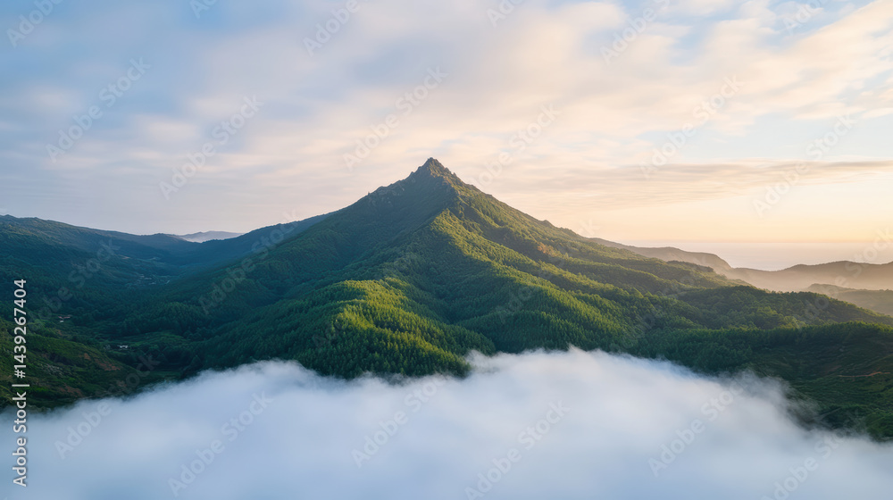 Fototapeta premium Majestic mountain peak surrounded by lush greenery and mist, glowing in golden hour light