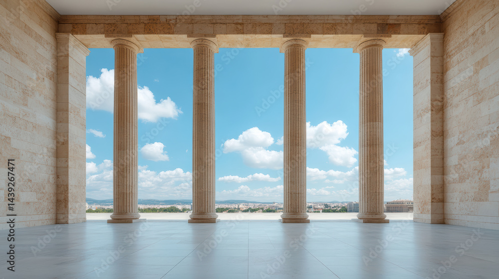 Fototapeta premium Ancient columns create stunning view of sky and landscape beyond, evoking sense of grandeur