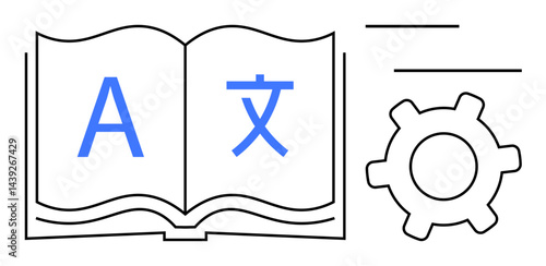 Open book with multilingual alphabet characters, gear symbol, and lines. Ideal for translation, education, linguistics, communication, software technology globalization. Flat simple metaphor