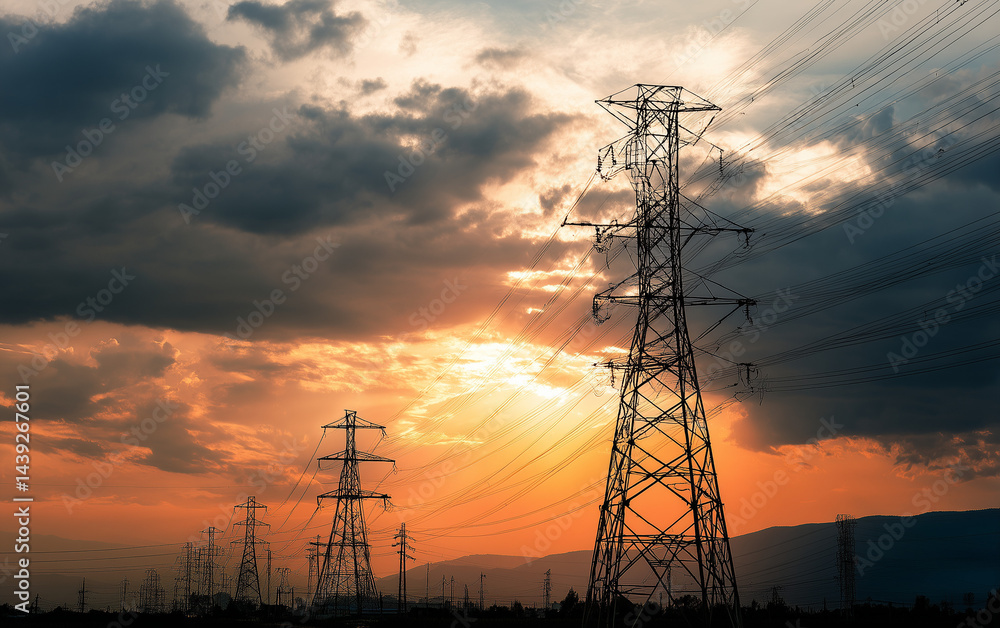 Fototapeta premium Sunset Silhouette: Power Towers in Dramatic Sky