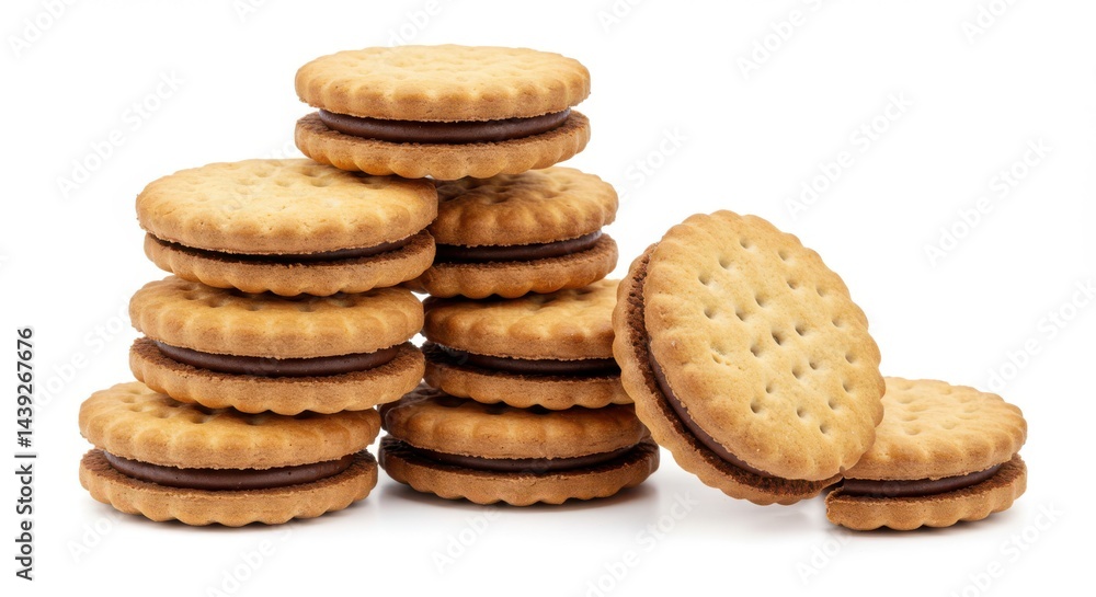 A stack of sandwich cookies with chocolate filling on white surface A stack of sandwich cookies with chocolate filling on white surface