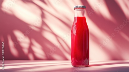 A fruit juice bottle mockup with a minimalist design, showcasing a vibrant red juice inside, placed on a white background with soft lighting 