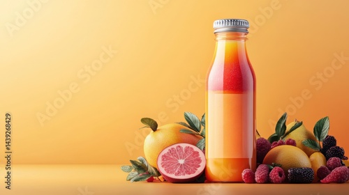 A fruit juice bottle mockup with vibrant juice inside, featuring a metallic cap and a fresh fruit design on the label 
