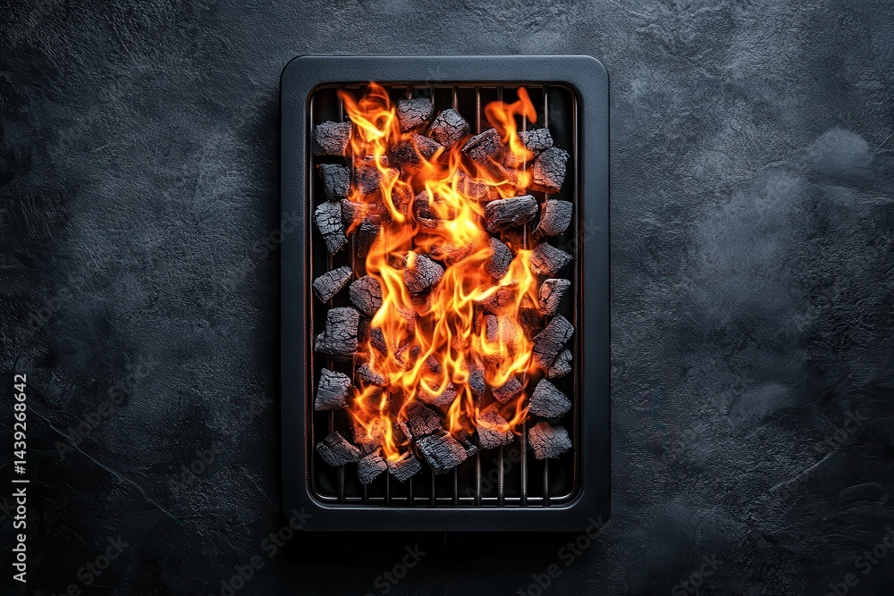 Burning charcoal briquettes in a black grill, against a dark background. Perfect for illustrating barbecue, cooking, summer grilling, or food concepts.