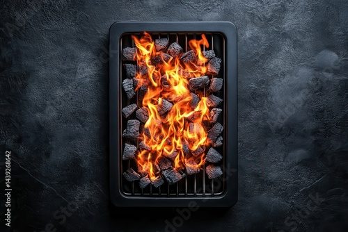 Obraz na płótnie Burning charcoal briquettes in a black grill, against a dark background. Perfect for illustrating barbecue, cooking, summer grilling, or food concepts. w salonie