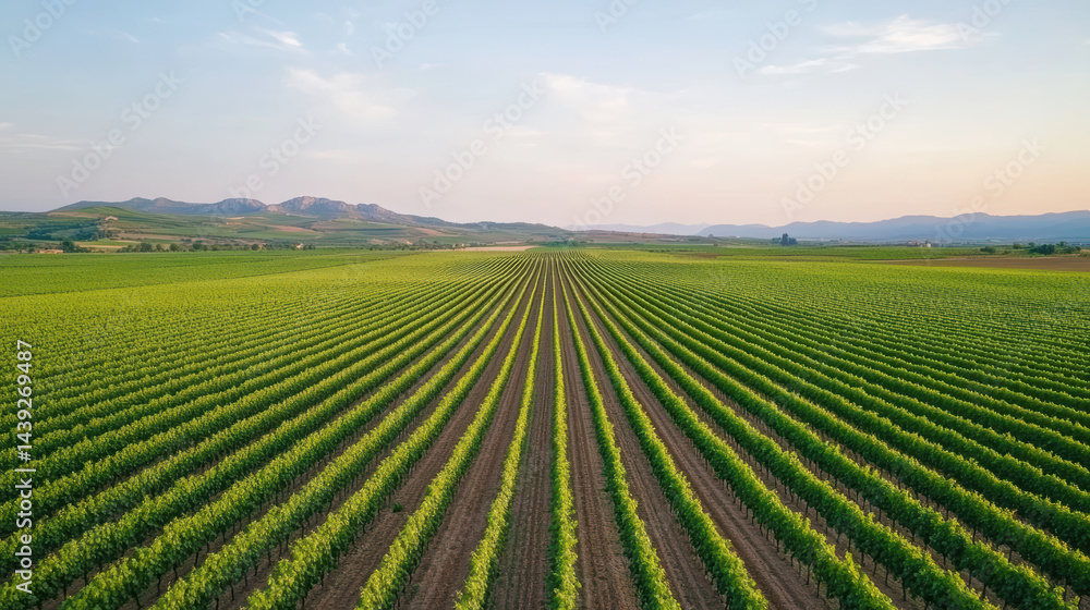 Lush vineyard landscape with rows of green vines stretching towards distant mountains at dawn Lush vineyard landscape with rows of green vines stretching towards distant mountains at dawn