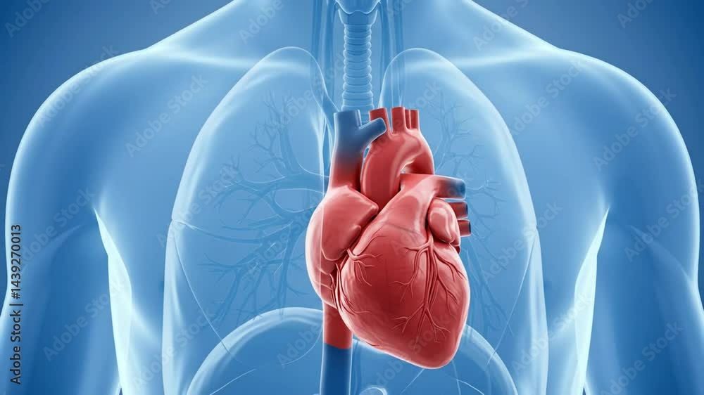  Realistic human heart beating animation. 3D medical render showing cardiac function inside transparent blue torso