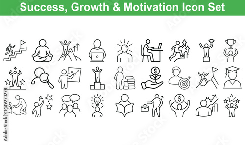 Line drawings showcase people achieving goals, growing money, and seeking education on transparent background