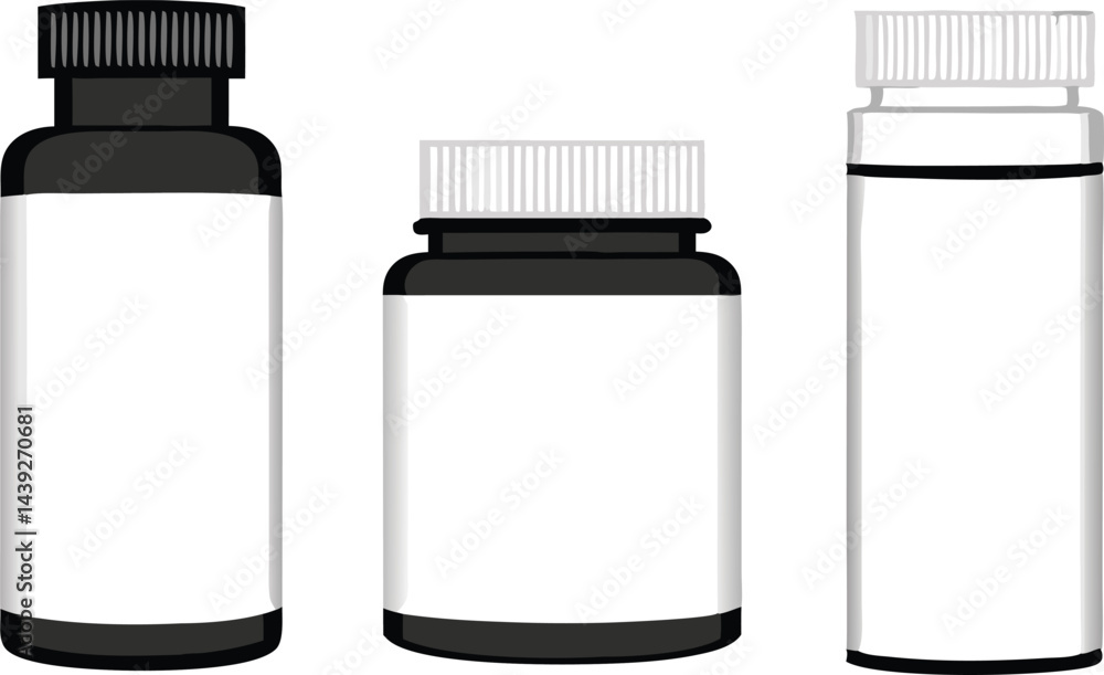 Pharmaceutical bottles and supplement containers with minimalist design and blank labels in white and black plastic Pharmaceutical bottles and supplement containers with minimalist design and blank labels in white and black plastic