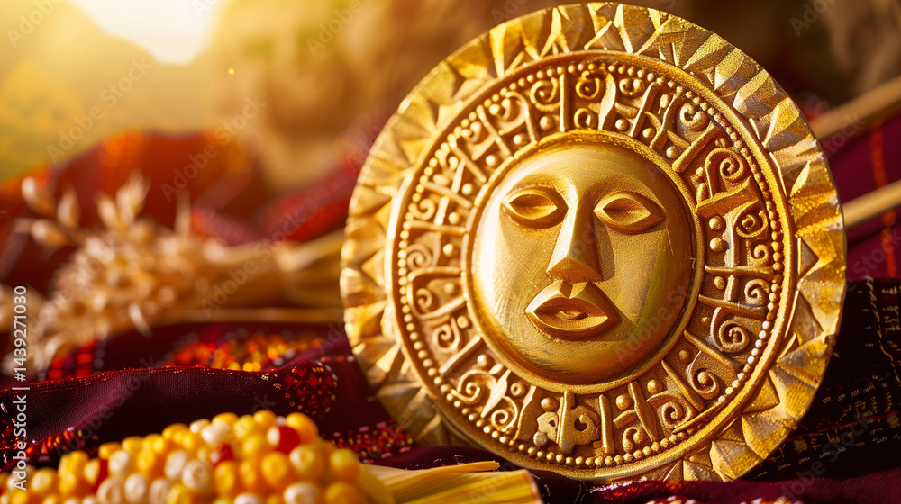 Fototapeta premium Golden sun medallion with Andean patterns on crimson fabric, surrounded by corn and quinoa offerings, symbolizing Inti Raymi's sacred connection to