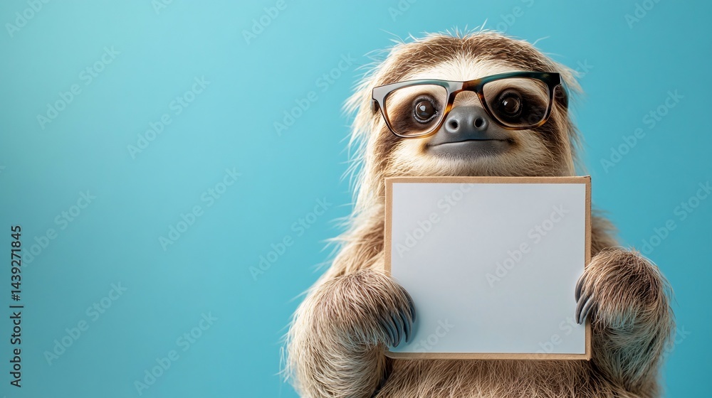 Adorable Sloth Posing with a Blank Sign Wearing Glasses on a Solid Blue Background a Suitable Template for Text Adorable Sloth Posing with a Blank Sign Wearing Glasses on a Solid Blue Background a Suitable Template for Text