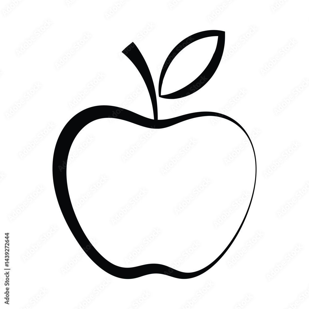 A stylized, black line drawing of an apple. A stylized, black line drawing of an apple.