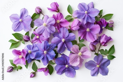 Obraz na płótnie Purple clematis flowers and buds with green leaves on white background. It is ideal for floral design, cards, and spring themed projects. w salonie