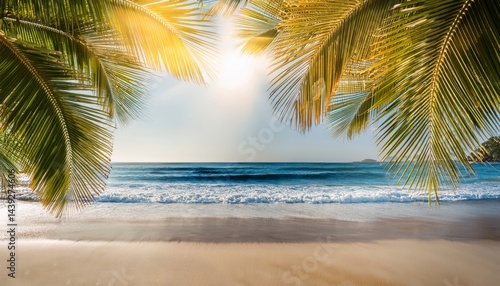 A under 200 characters: Sunlight shines through palm leaves onto a sandy tropical beach with gentle waves and a calm, blue ocean under a clear sky.