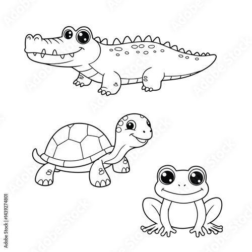 Cute funny crocodile, turtle and frog for coloring. Template for a coloring book with funny animals. Coloring page for kids.