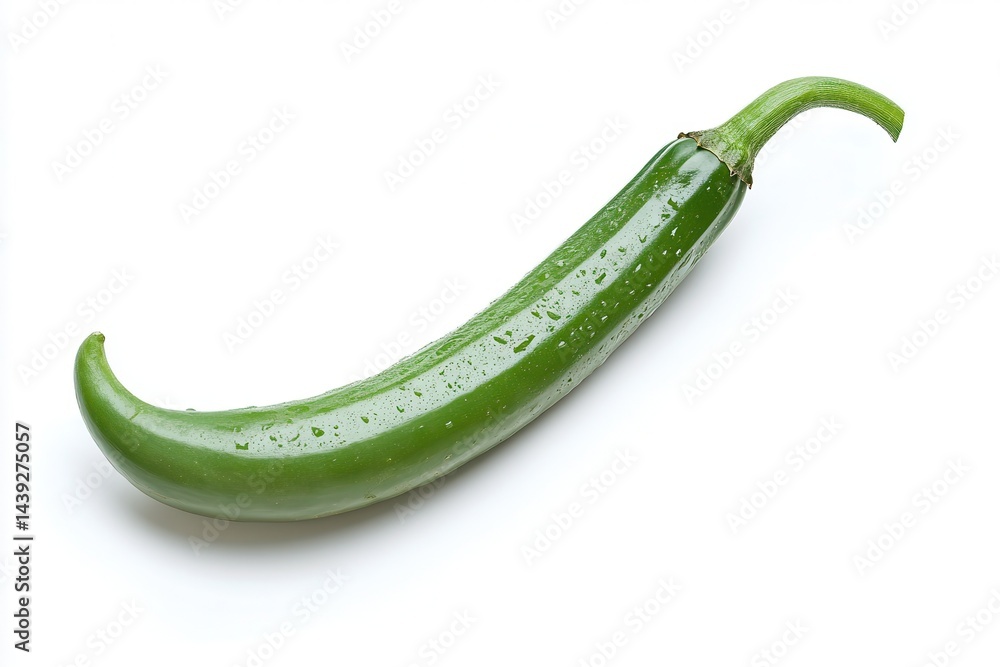 Fresh green chili pepper with water droplets on a white background, ideal for culinary use Fresh green chili pepper with water droplets on a white background, ideal for culinary use