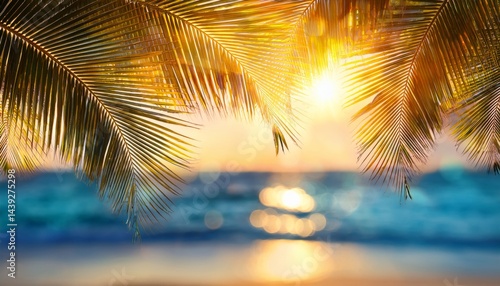 Sunlight shines through palm leaves over a tranquil beach and sparkling ocean, creating a tropical paradise atmosphere at sunset.