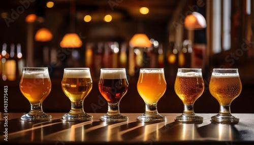 A row of six assorted craft beers in glasses sits on a wooden bar with warm, ambient lighting in the background.