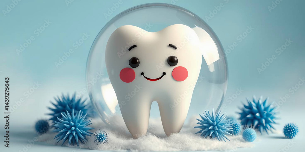 cartoonish tooth with a smiling face, enclosed within a transparent bubble cartoonish tooth with a smiling face, enclosed within a transparent bubble