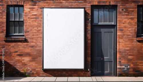 Blank white billboard on a red brick wall with two windows and a black door on a sunny day.
