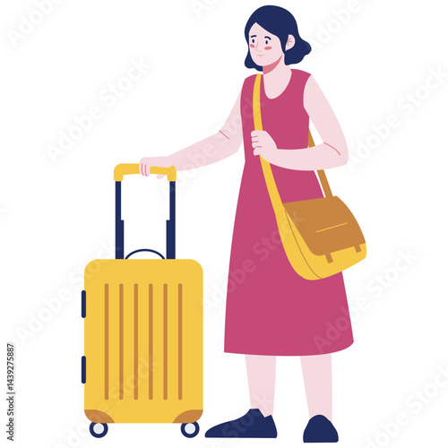 A woman standing with a suitcase and sling bag, ready for her travel journey.