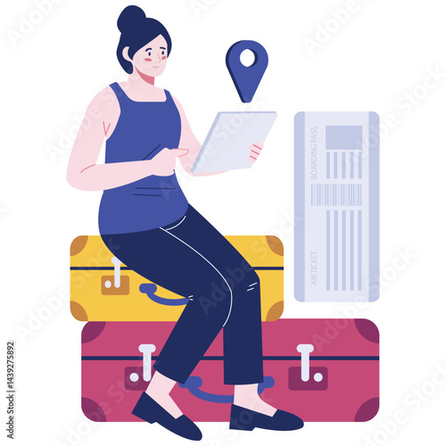 People Traveling Illustration. Vector illustration of A woman sitting on stacked suitcases while using a tablet, preparing for her travel. Isolated on background