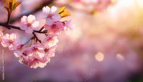 Delicate pink cherry blossoms in full bloom on a branch, set against a softly blurred, sunlit background.