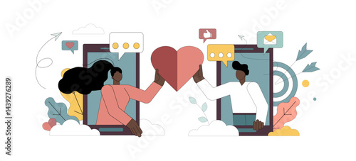 Online love. Online dating. Long distance relationships. A man and a woman hold a heart in their hands looking out of gadgets.eps