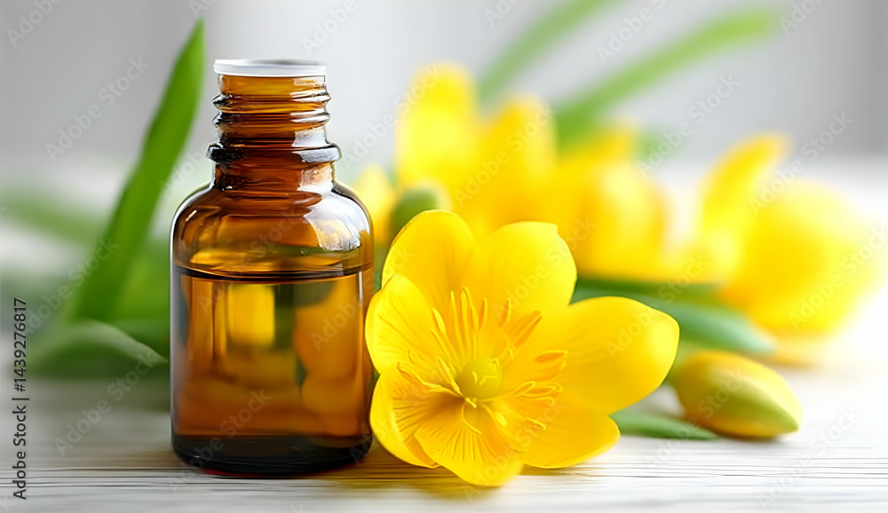 A close-up view of a glass bottle filled with essential oil, surrounded by vibrant yellow flowers and green leaves, perfect for wellness and relaxation themes. A close-up view of a glass bottle filled with essential oil, surrounded by vibrant yellow flowers and green leaves, perfect for wellness and relaxation themes.