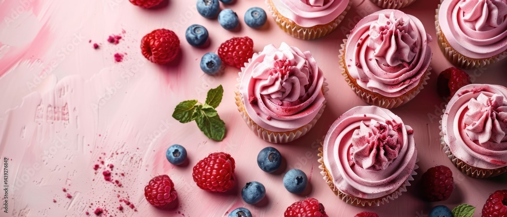 Dessert decorated with cream frosting and raspberries on a gray textured background. Top down aerial view. Dessert and sweet treat concept. Sweet food with ingredient scattering at background. AIG55. Dessert decorated with cream frosting and raspberries on a gray textured background. Top down aerial view. Dessert and sweet treat concept. Sweet food with ingredient scattering at background. AIG55.
