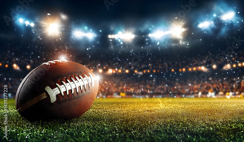 A close-up of an American football resting on the field with stadium lights twinkling in the background, symbolizing competition and teamwork.