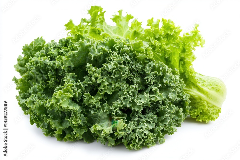 Fresh green kale and lettuce showcasing vibrant textures against a clean white background Fresh green kale and lettuce showcasing vibrant textures against a clean white background