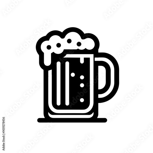 Dark beer mug with foam, minimalistic line art design, black-and-white