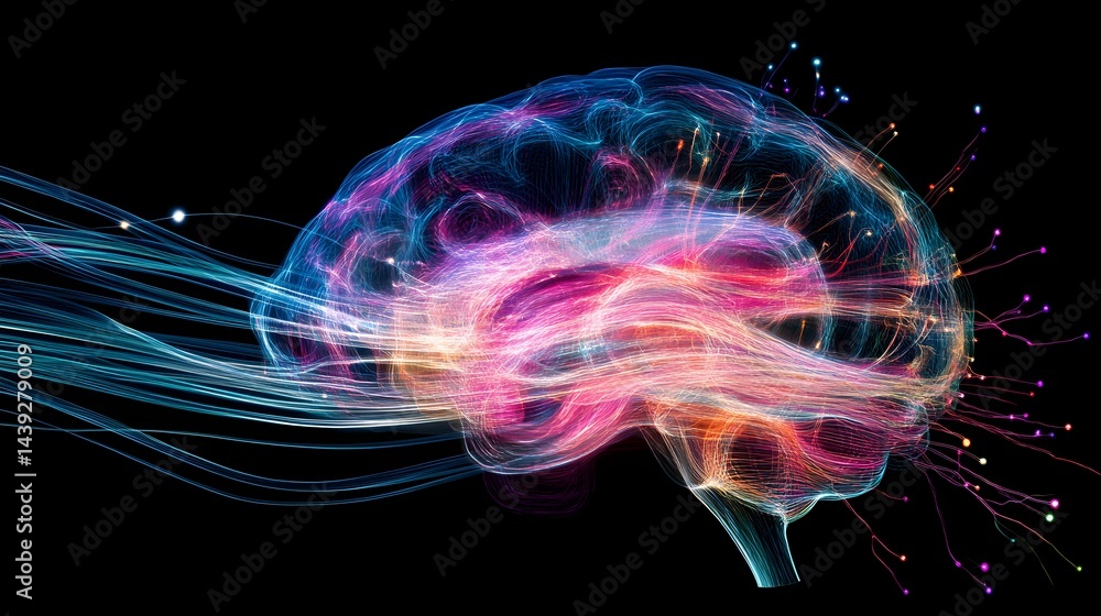 Brain activity illustrated through colorful glowing neural pathways Brain activity illustrated through colorful glowing neural pathways